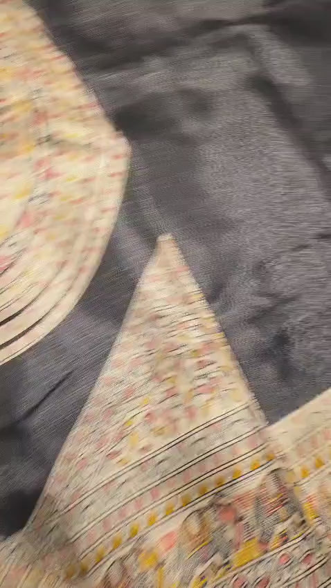 Black Madhubani Elephant Saree | Handcrafted Indian Traditional Art Saree