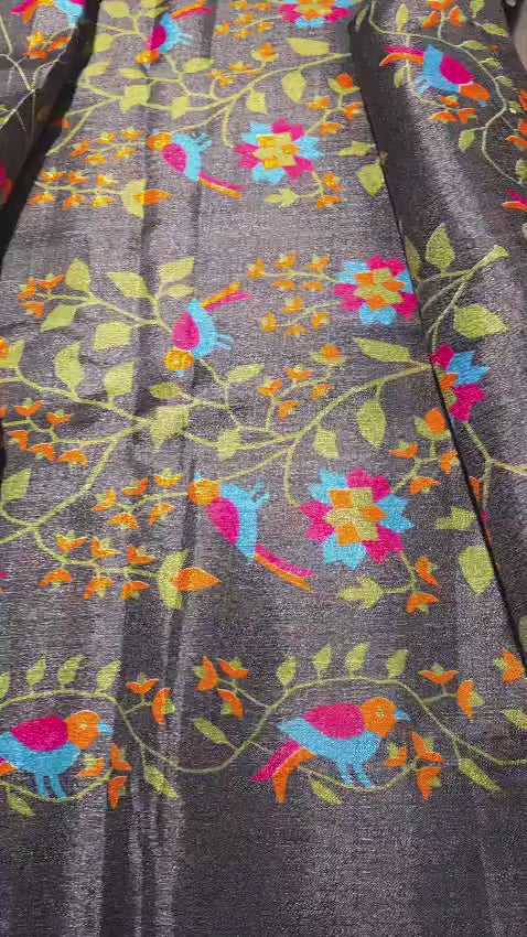 Black Viscose Saree | Colorful Bird Floral Vine Print, Indian Handloom (Blouse Piece Included)