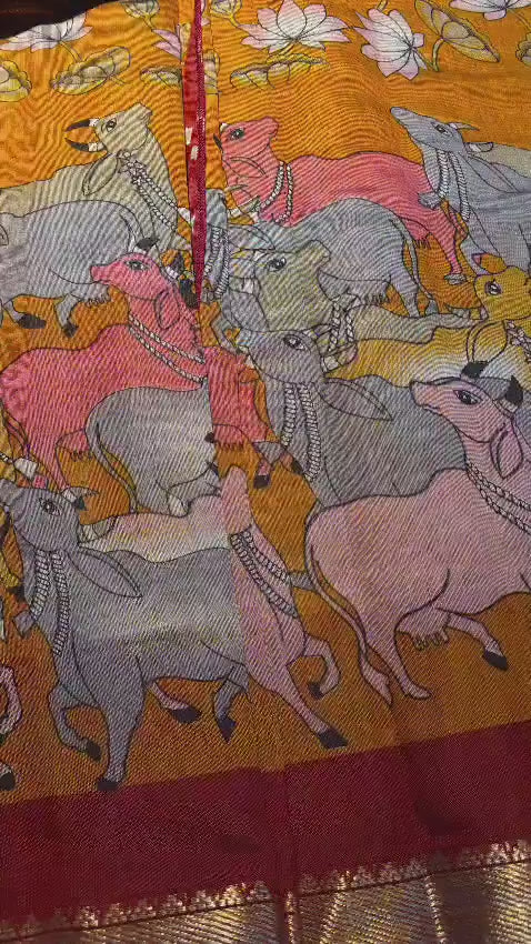 Pichwai Kalamkari Cotton Saree with Zari Border, Running Blouse Piece