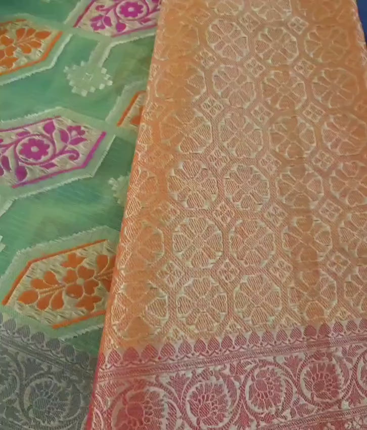 Handwoven Light Green Kota Banarasi Saree | Festive & Wedding Wear | Zari Work with orange Blouse piece Fall and pico done