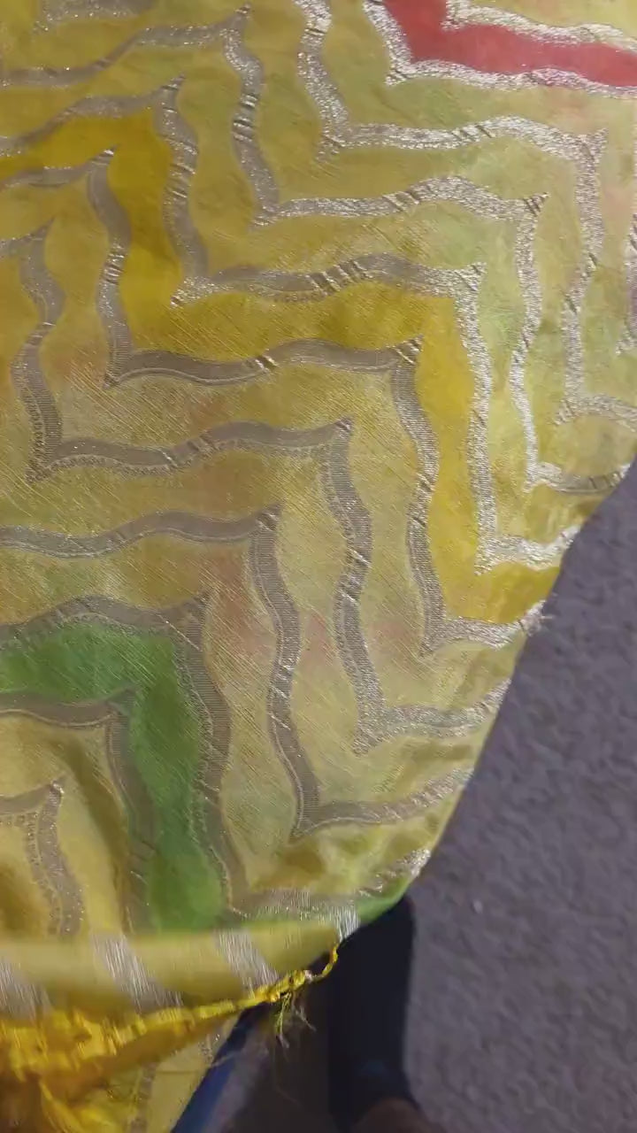 Handmade Khadi Georgette Banarasi Silk Saree - Yellow Green