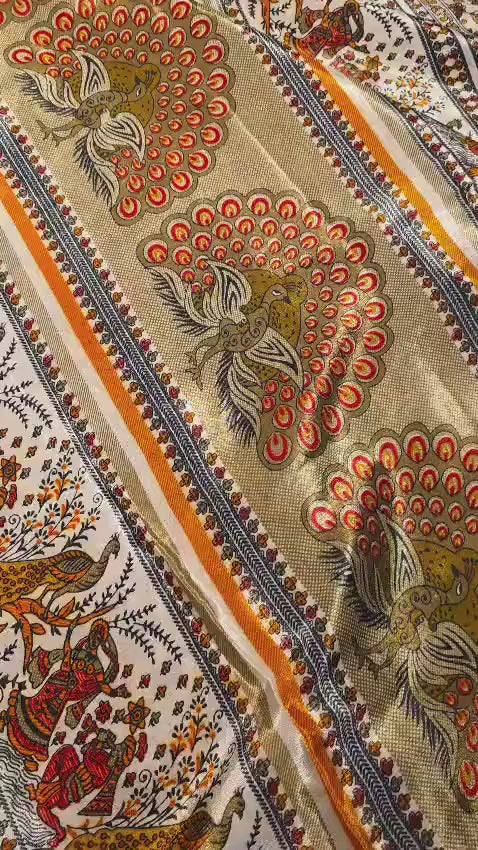 Cream Folk Art Peacock Saree | Kalamkari Style Indian Traditional Print with Blouse Piece