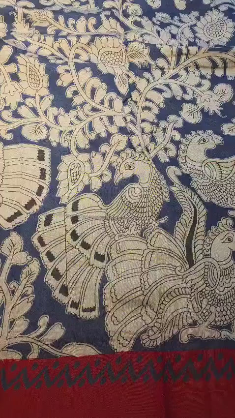 Kalamkari Inspired Cotton Saree with Zari Border, Running Blouse Piece