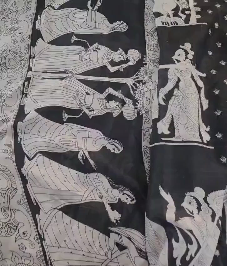 Elegant Black & White Kalamkari-Inspired Saree with Zari Border Tassels Ethnic Indian Saree with running blouse