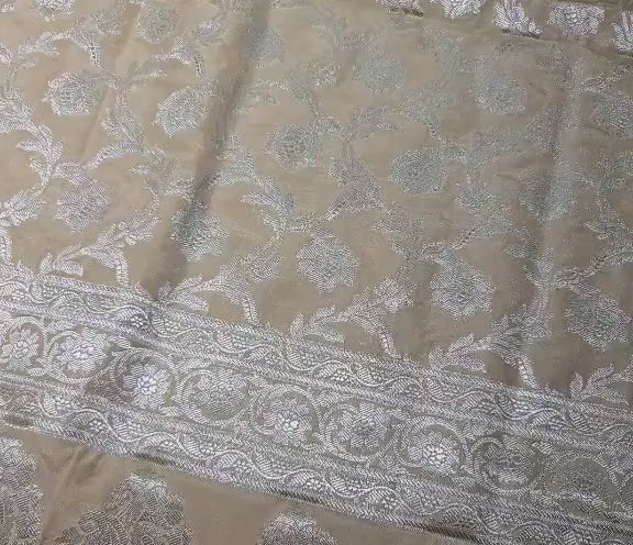 Golden Banarasi Silk Dupatta | Silver Zari Floral Weave, Indian Ethnic Wear