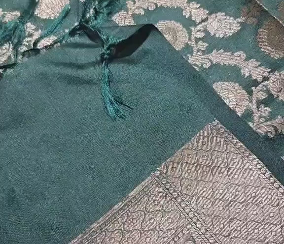 Green Banarasi Silk Dupatta | Silver Zari Floral Weave, Indian Ethnic Wear