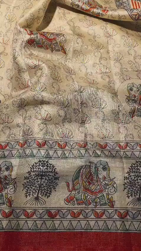 Handblock Printed Silk Saree | Elephant Motifs, Madhubani Inspired, Beige Rust Orange