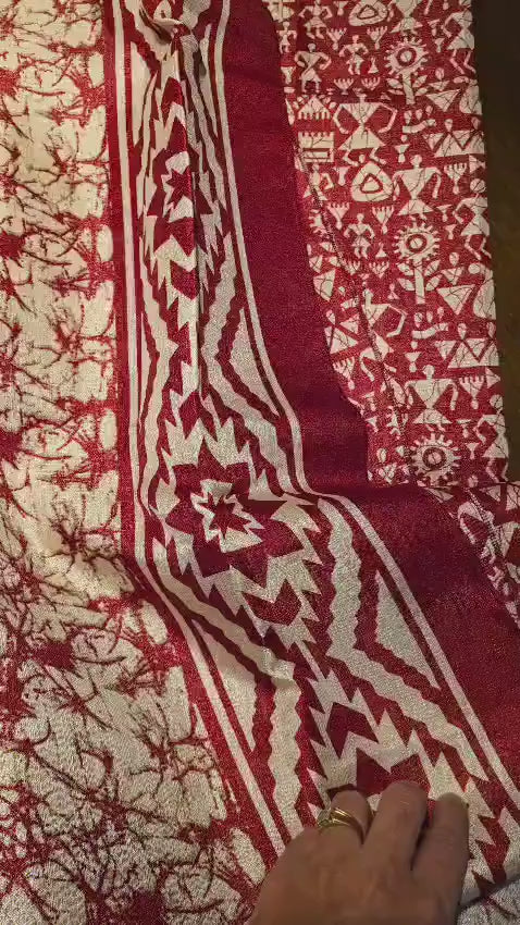 Red Warli Print Silk Saree | Tribal Art Festive Indian Ethnic Wear