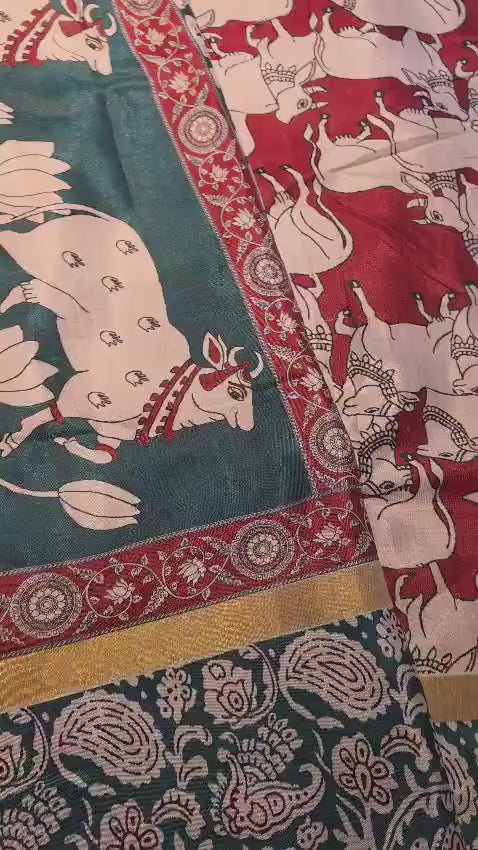 Kalamkari Inspired Cotton Saree with Zari Border, Running Blouse Piece