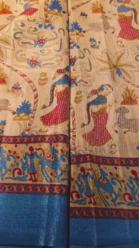 Kalamkari Inspired Dola Silk Saree with Zari Border, Running Blouse Piece