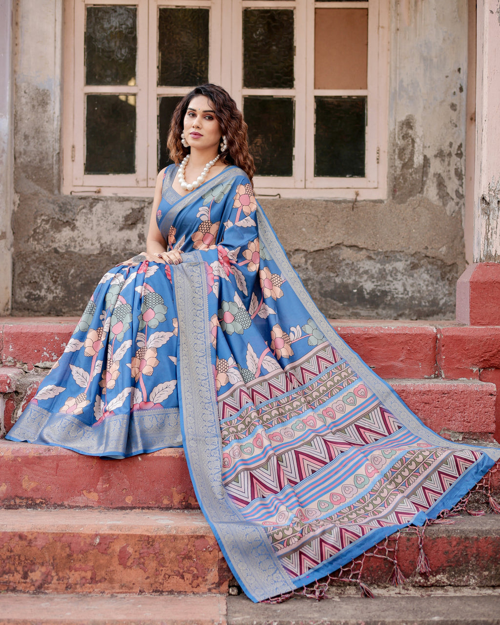 Digital Kalamkari printed tussar silk saree with zari motif border