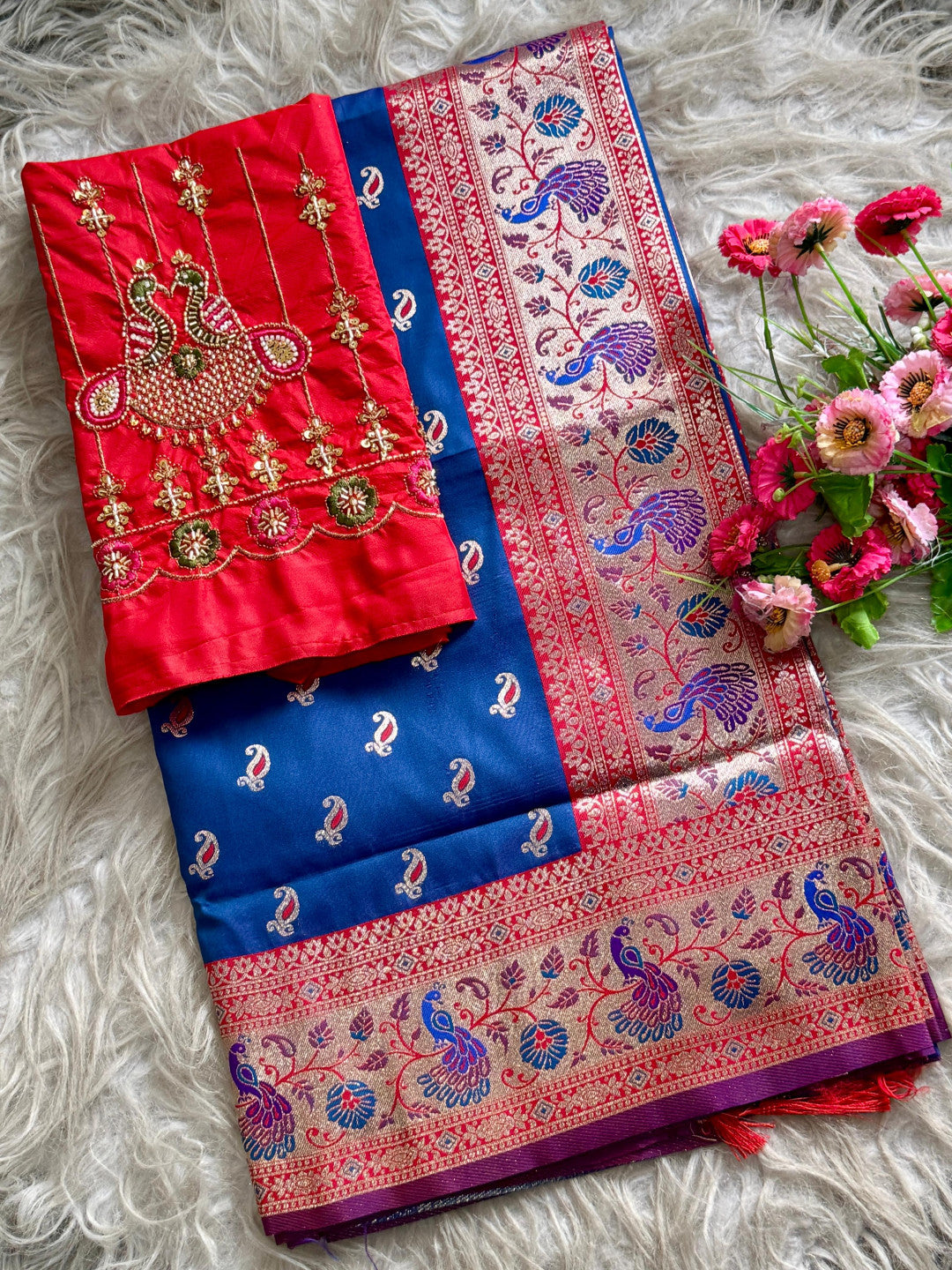 Premium paithani silk saree with handwork aari work blouse