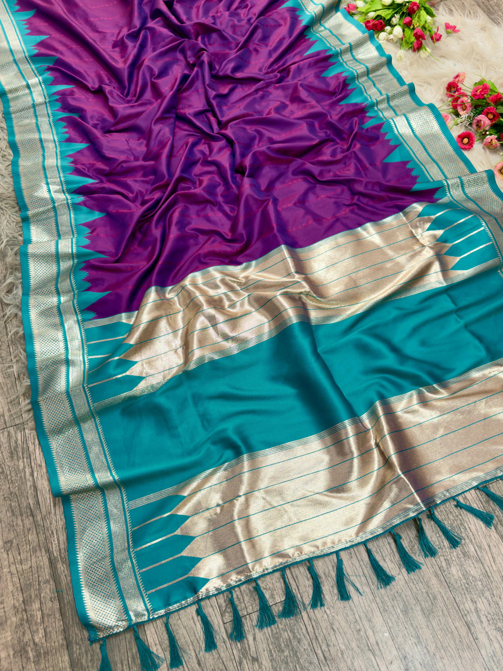 Ikkat temple border banarasi silk saree with zari weaving work