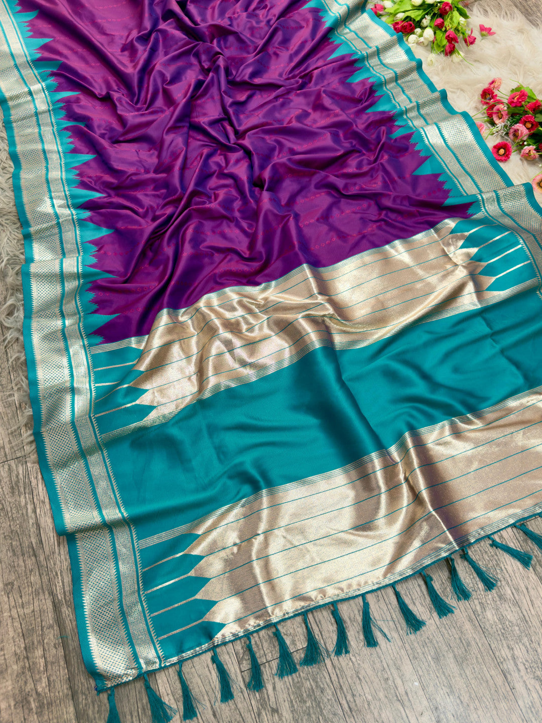Ikkat temple border banarasi silk saree with zari weaving work