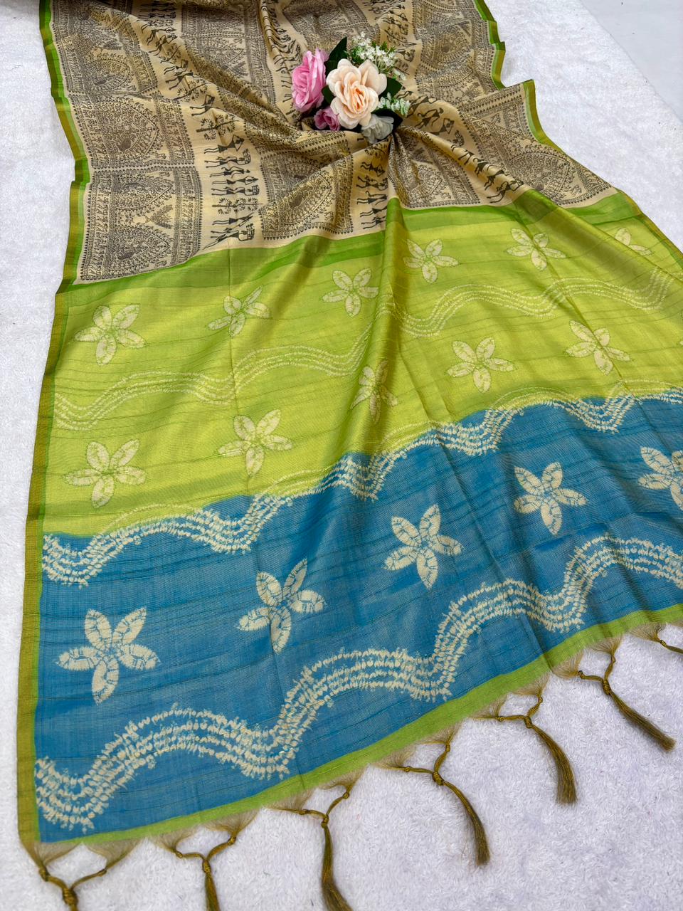 Soft tissue tussar silk saree with warli printed work