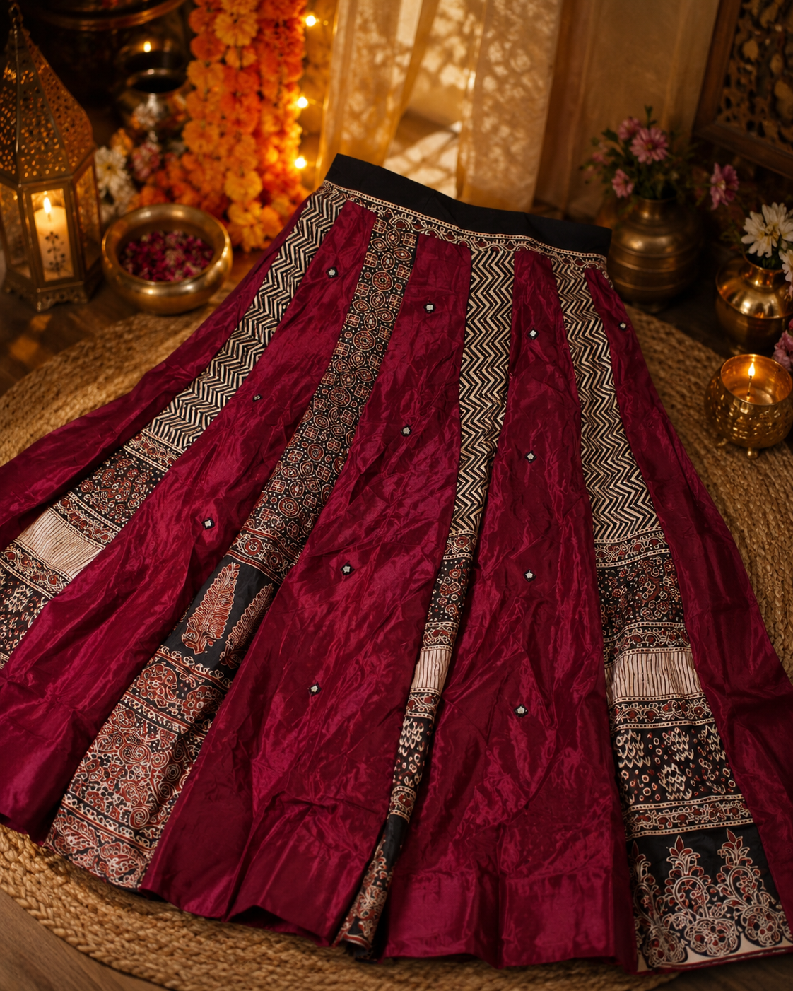 Maroon Gajji Silk Patchwork Lehenga Set | Mirror Work  | Indian Navratri Outfit | Garba Chaniya Choli | Festive Ethnic Wear