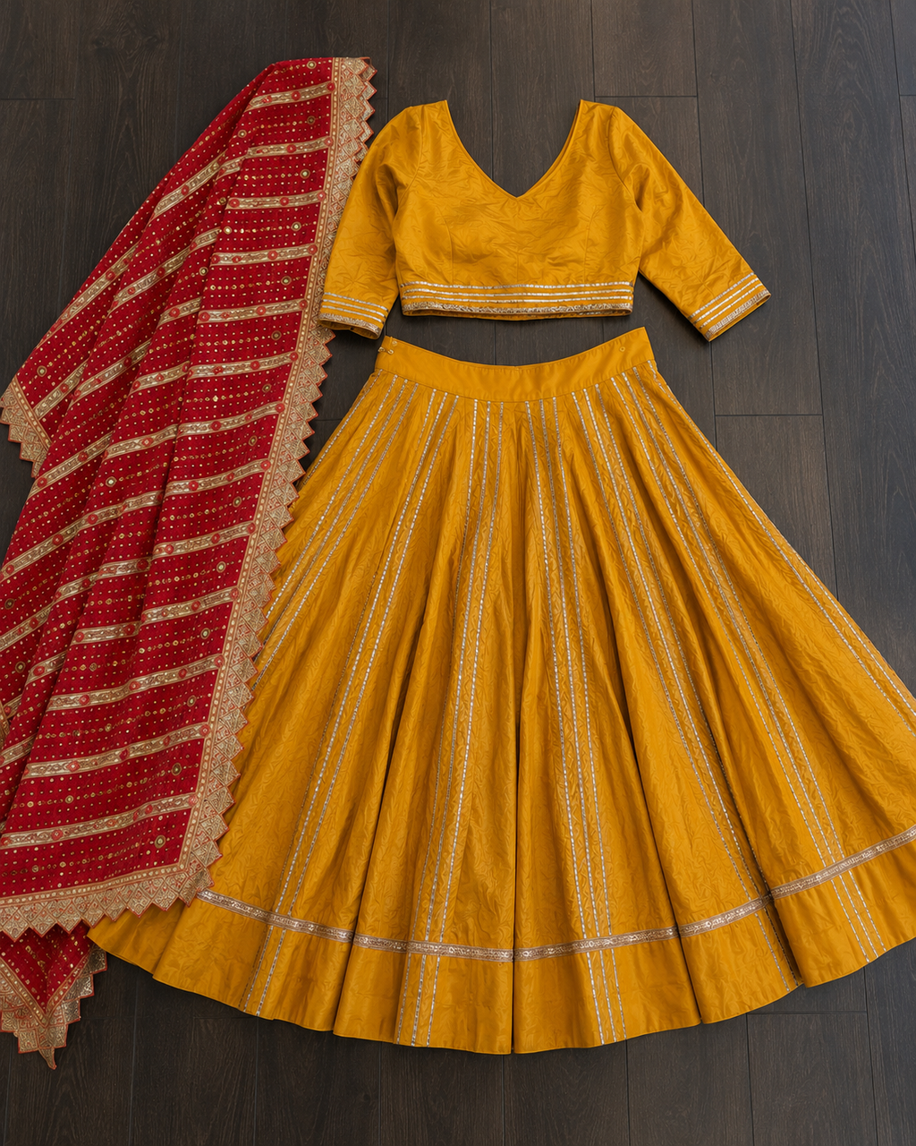 Mustard Yellow Gota Work Lehenga Set with Red Phulkari Dupatta | Navratri Garba Outfit | Indian Wedding Lehenga | Ethnic Festive Wear
