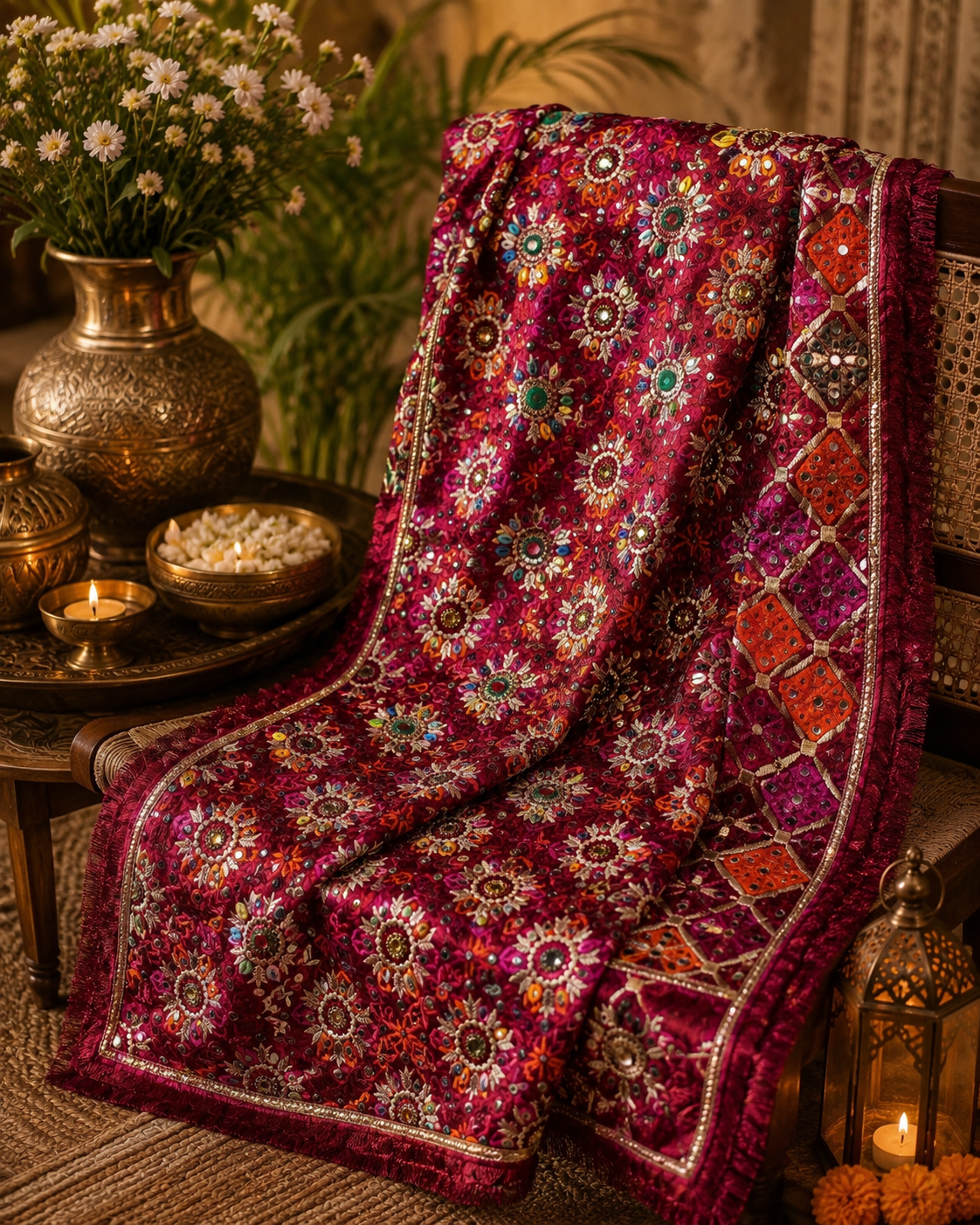 Handmade , Handwoven , Elegant vibrant & Authentic Multicolour Phulkari Dupatta / Indian Scarf. Hand embroidered