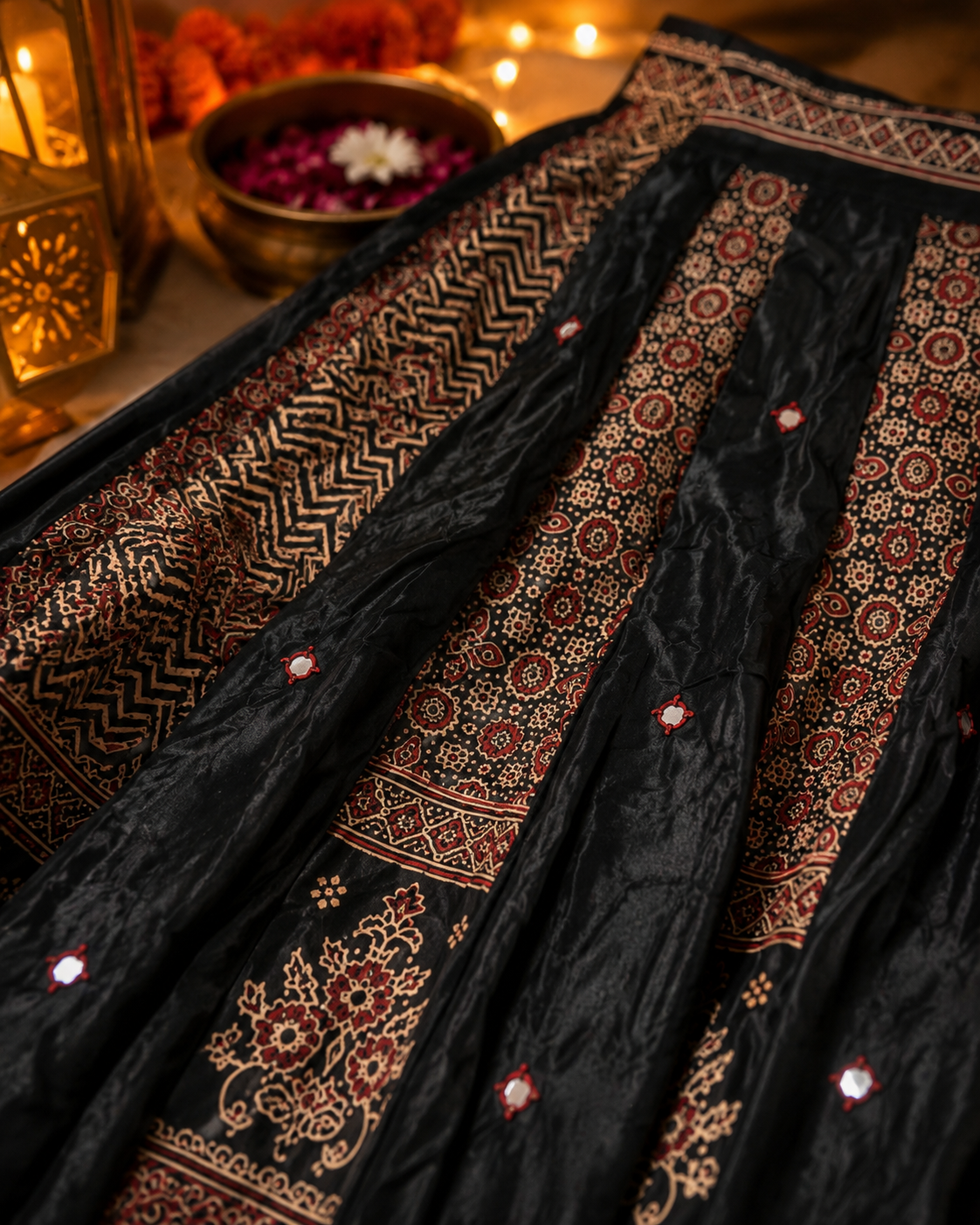 Black Gajji Silk Patchwork Lehenga Set | Mirror Work | Indian Navratri Outfit | Garba Chaniya Choli | Festive Ethnic Wear