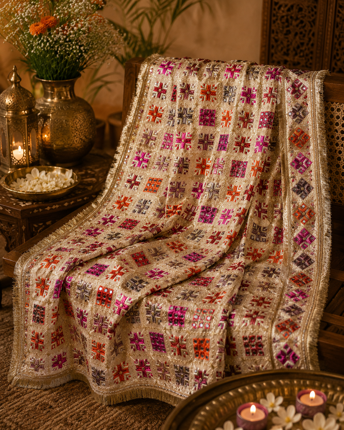 Handmade , Handwoven , Elegant vibrant & Authentic Golden/beige Multicolour Phulkari Dupatta / Indian Scarf. Hand embroidered .