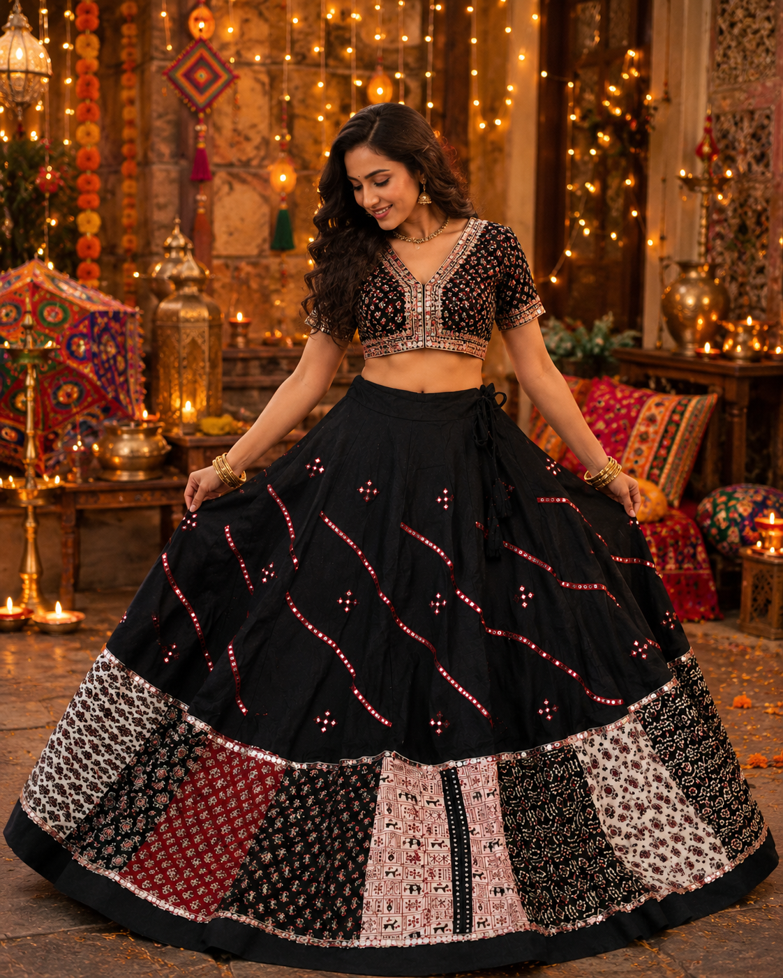 Black Patchwork Navratri Lehenga Choli Set with Dupatta | Handmade Garba Skirt | Indian Ethnic Outfit | Dandiya Dress