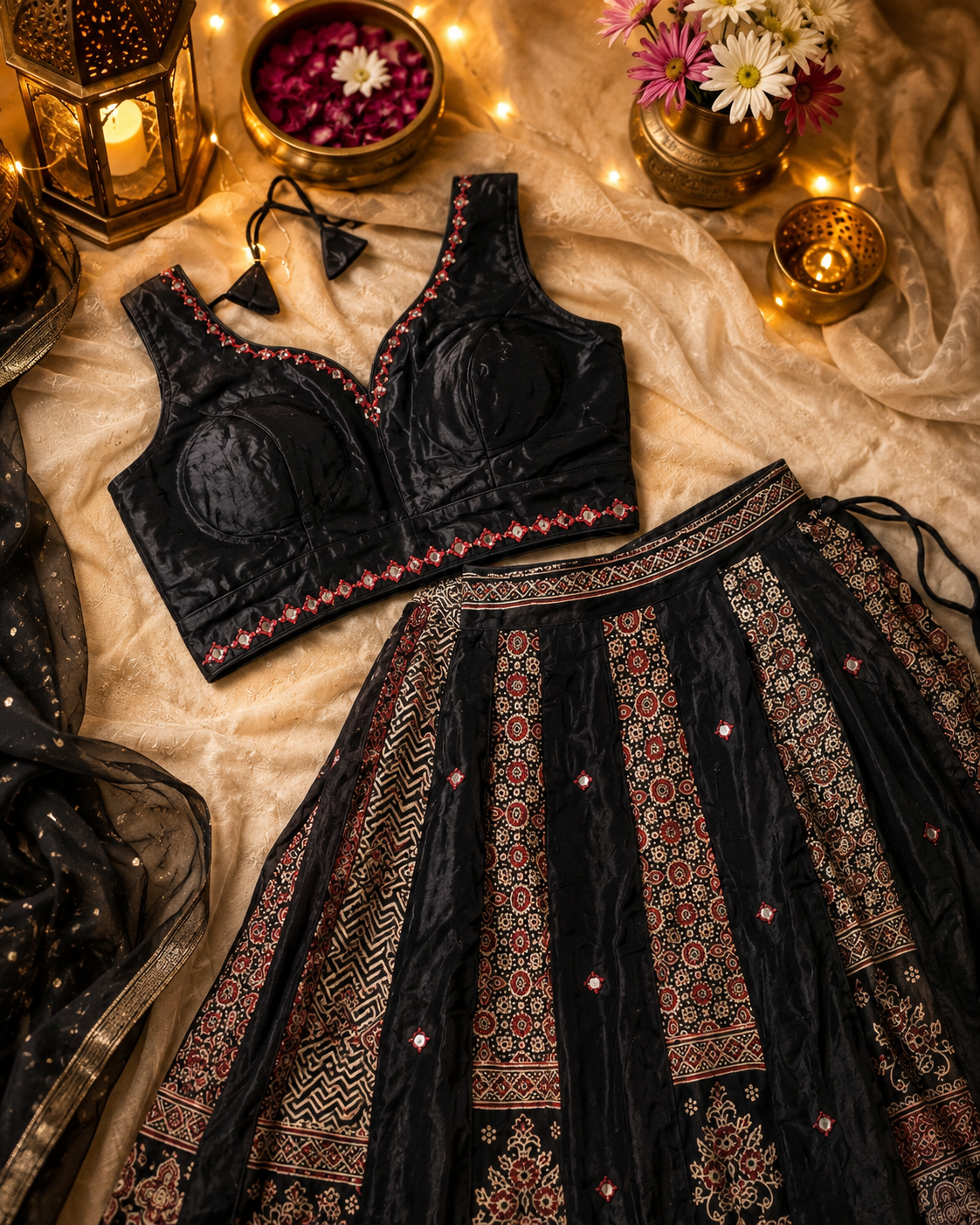 Black Gajji Silk Patchwork Lehenga Set | Mirror Work | Indian Navratri Outfit | Garba Chaniya Choli | Festive Ethnic Wear