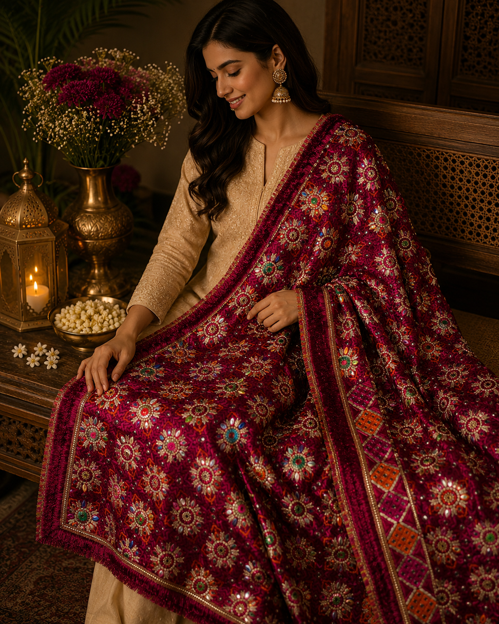 Handmade , Handwoven , Elegant vibrant & Authentic Multicolour Phulkari Dupatta / Indian Scarf. Hand embroidered