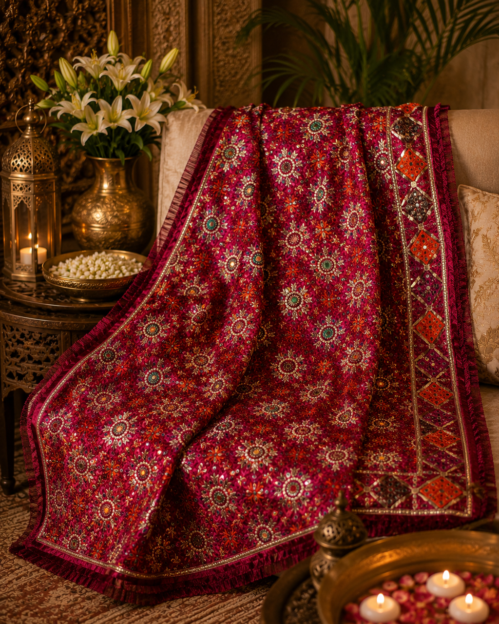 Handmade , Handwoven , Elegant vibrant & Authentic Multicolour Phulkari Dupatta / Indian Scarf. Hand embroidered