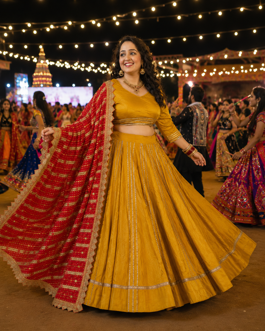 Mustard Yellow Gota Work Lehenga Set with Red Phulkari Dupatta | Navratri Garba Outfit | Indian Wedding Lehenga | Ethnic Festive Wear