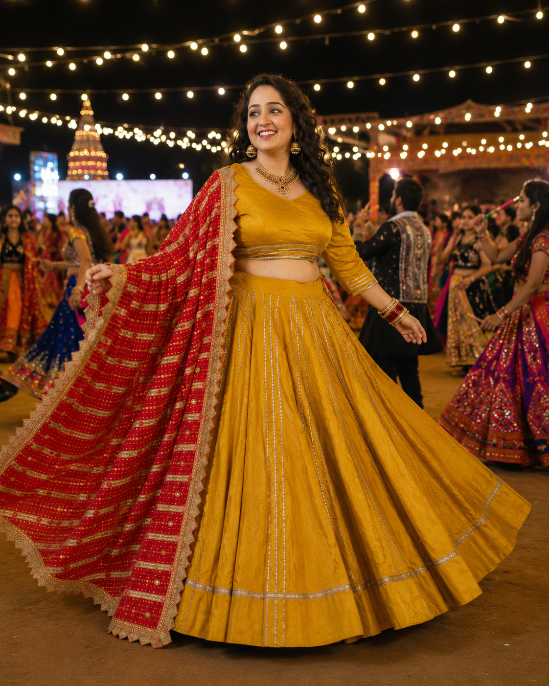 Mustard Yellow Gota Work Lehenga Set with Red Phulkari Dupatta | Navratri Garba Outfit | Indian Wedding Lehenga | Ethnic Festive Wear