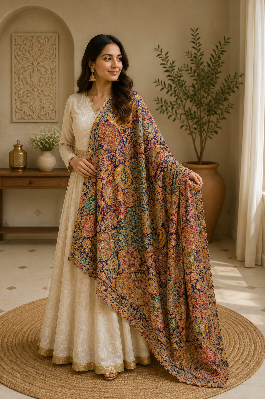 Jewel Tone Embroidered Georgette Dupatta with Floral Medallions