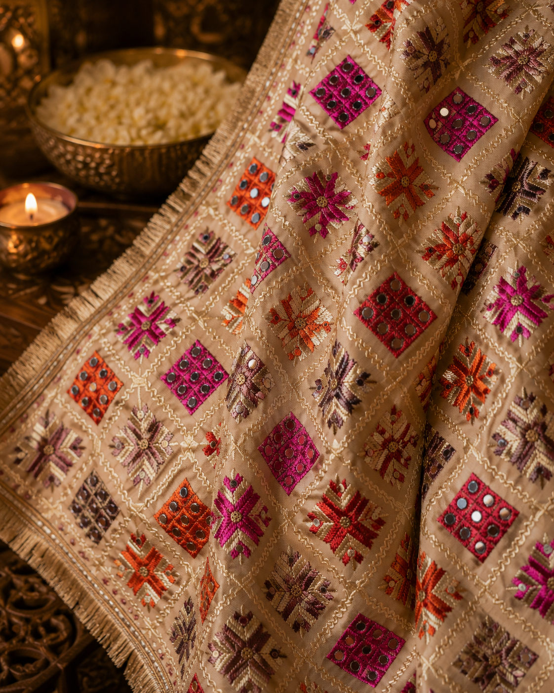 Handmade , Handwoven , Elegant vibrant & Authentic Golden/beige Multicolour Phulkari Dupatta / Indian Scarf. Hand embroidered .