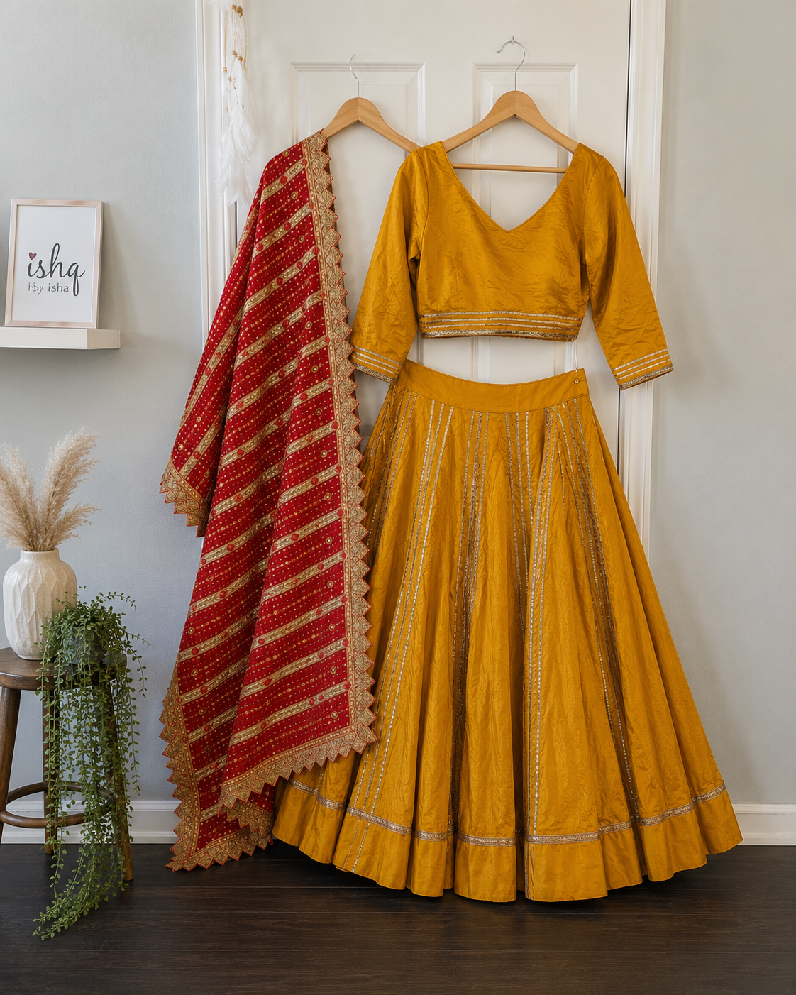 Mustard Yellow Gota Work Lehenga Set with Red Phulkari Dupatta | Navratri Garba Outfit | Indian Wedding Lehenga | Ethnic Festive Wear