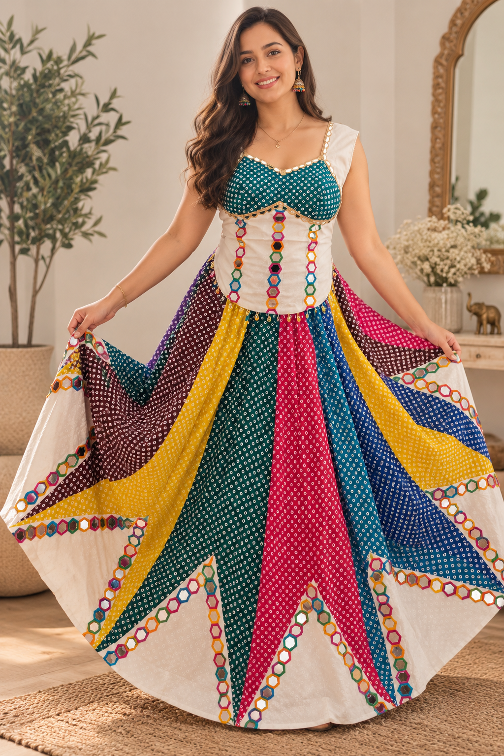 Handcrafted Bandhani Mirror-Work Lehenga Set