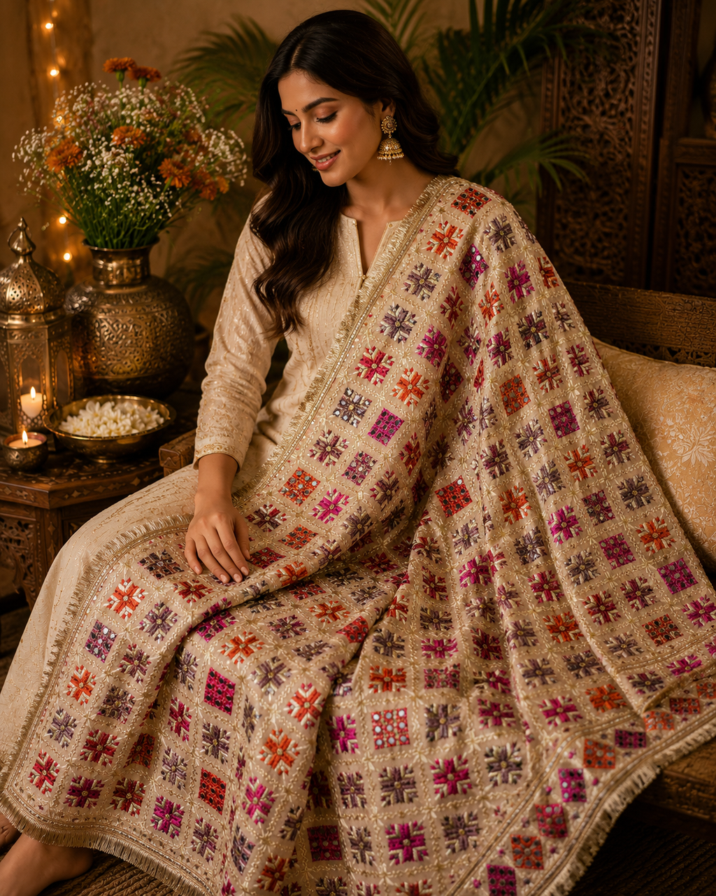 Handmade , Handwoven , Elegant vibrant & Authentic Golden/beige Multicolour Phulkari Dupatta / Indian Scarf. Hand embroidered .