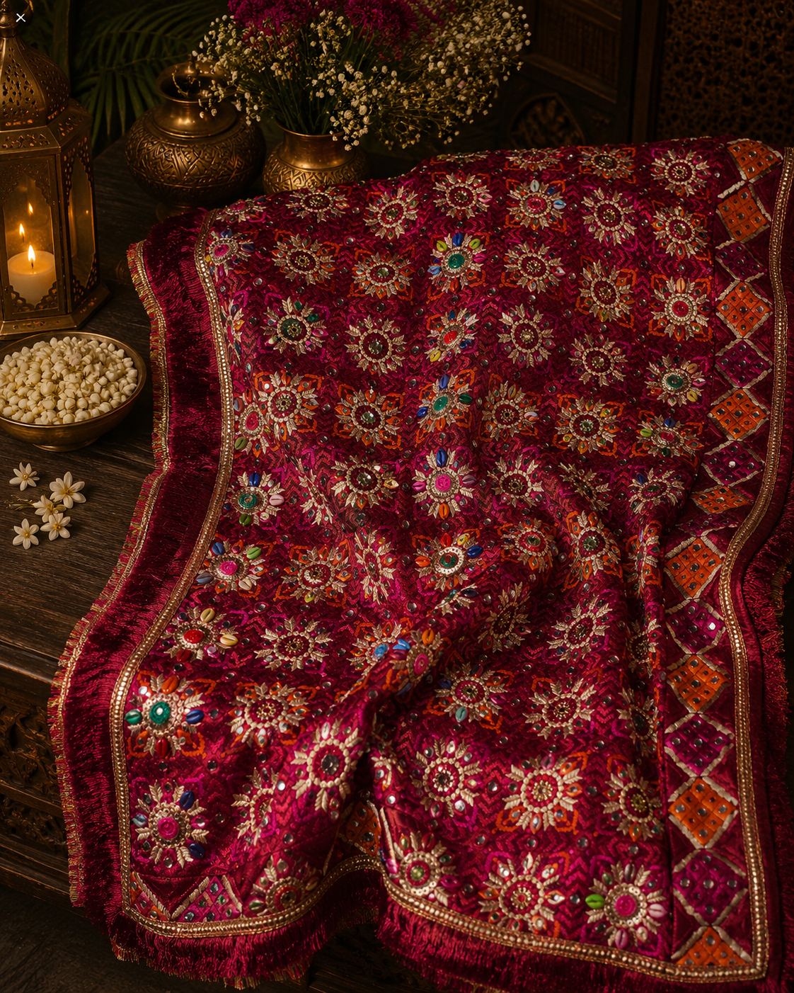 Handmade , Handwoven , Elegant vibrant & Authentic Multicolour Phulkari Dupatta / Indian Scarf. Hand embroidered