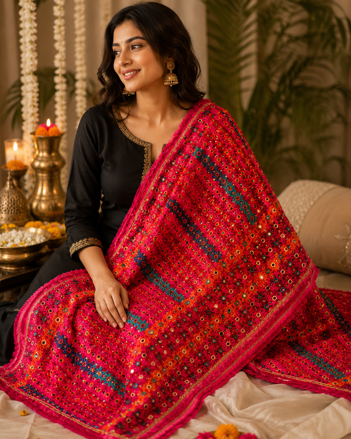 Handmade , Handwoven , Elegant vibrant & Authentic Multicolour Phulkari Dupatta / Indian Scarf. Hand embroidered