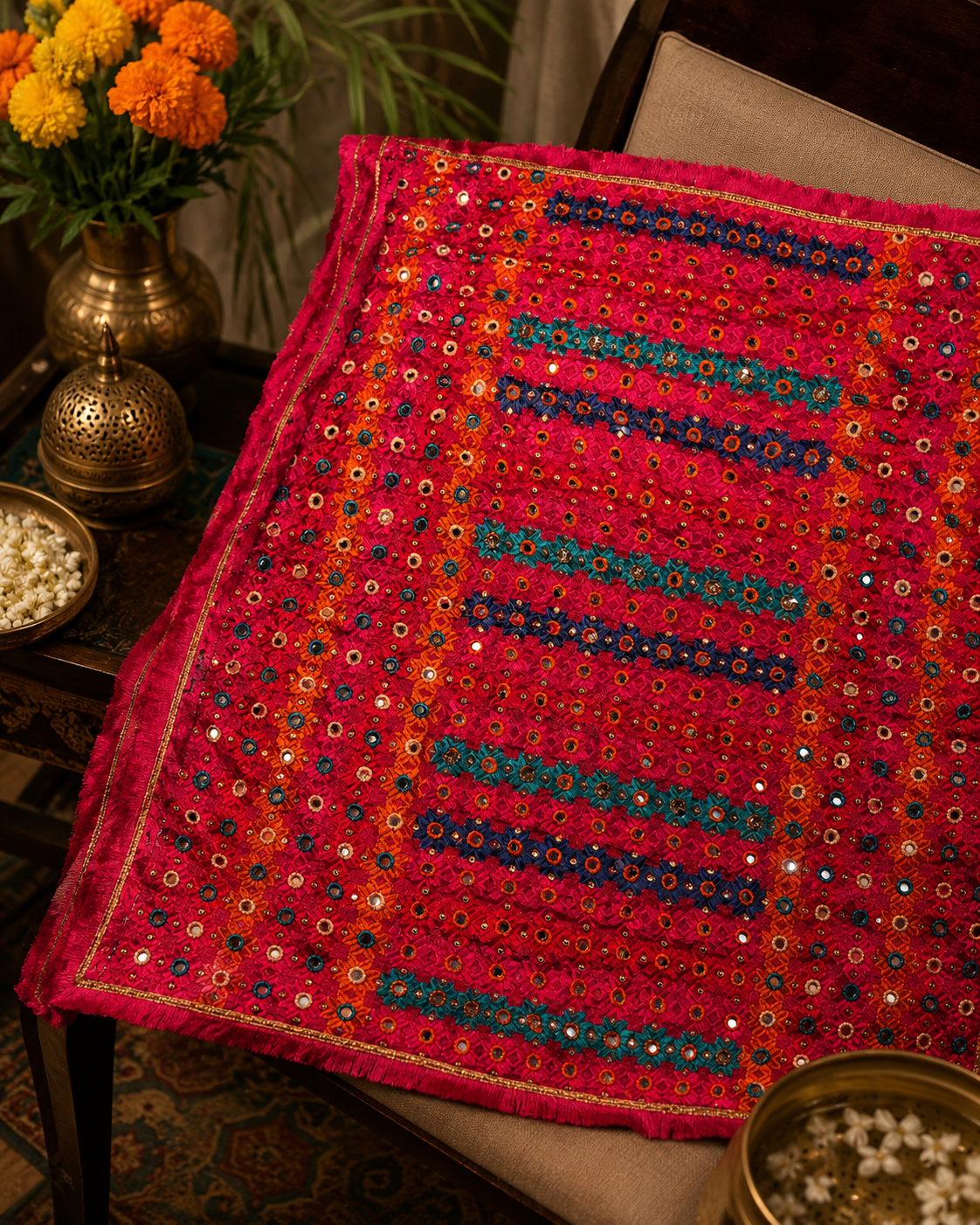 Handmade , Handwoven , Elegant vibrant & Authentic Multicolour Phulkari Dupatta / Indian Scarf. Hand embroidered
