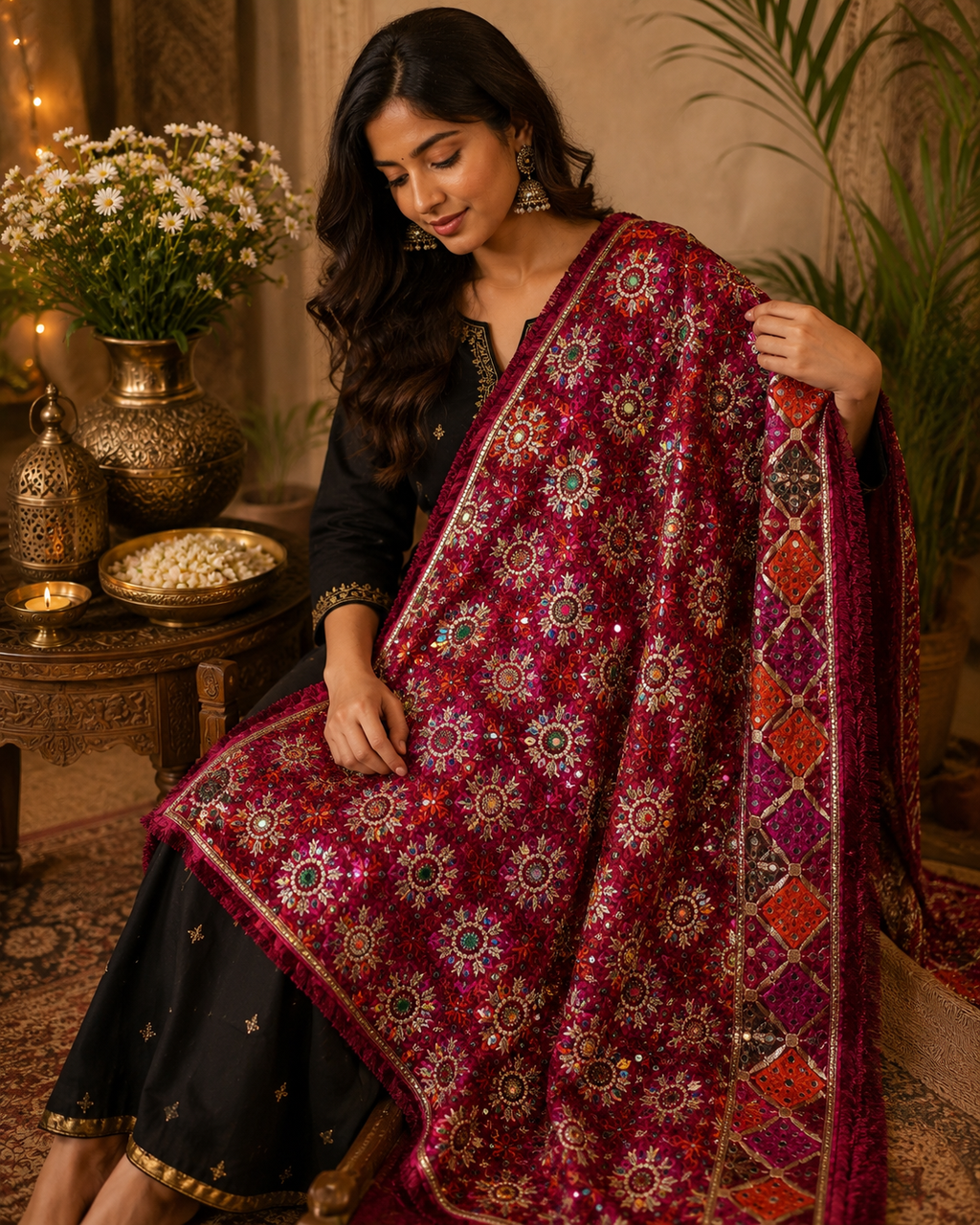 Handmade , Handwoven , Elegant vibrant & Authentic Multicolour Phulkari Dupatta / Indian Scarf. Hand embroidered