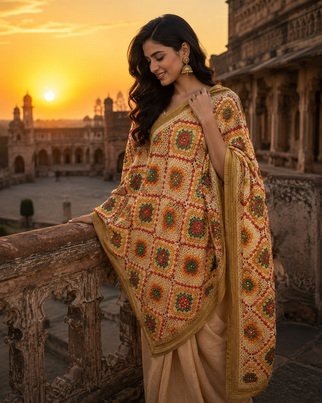 Handmade , Handwoven , Elegant vibrant & Authentic Golden/beige Multicolour Phulkari Dupatta / Indian Scarf. Hand embroidered .