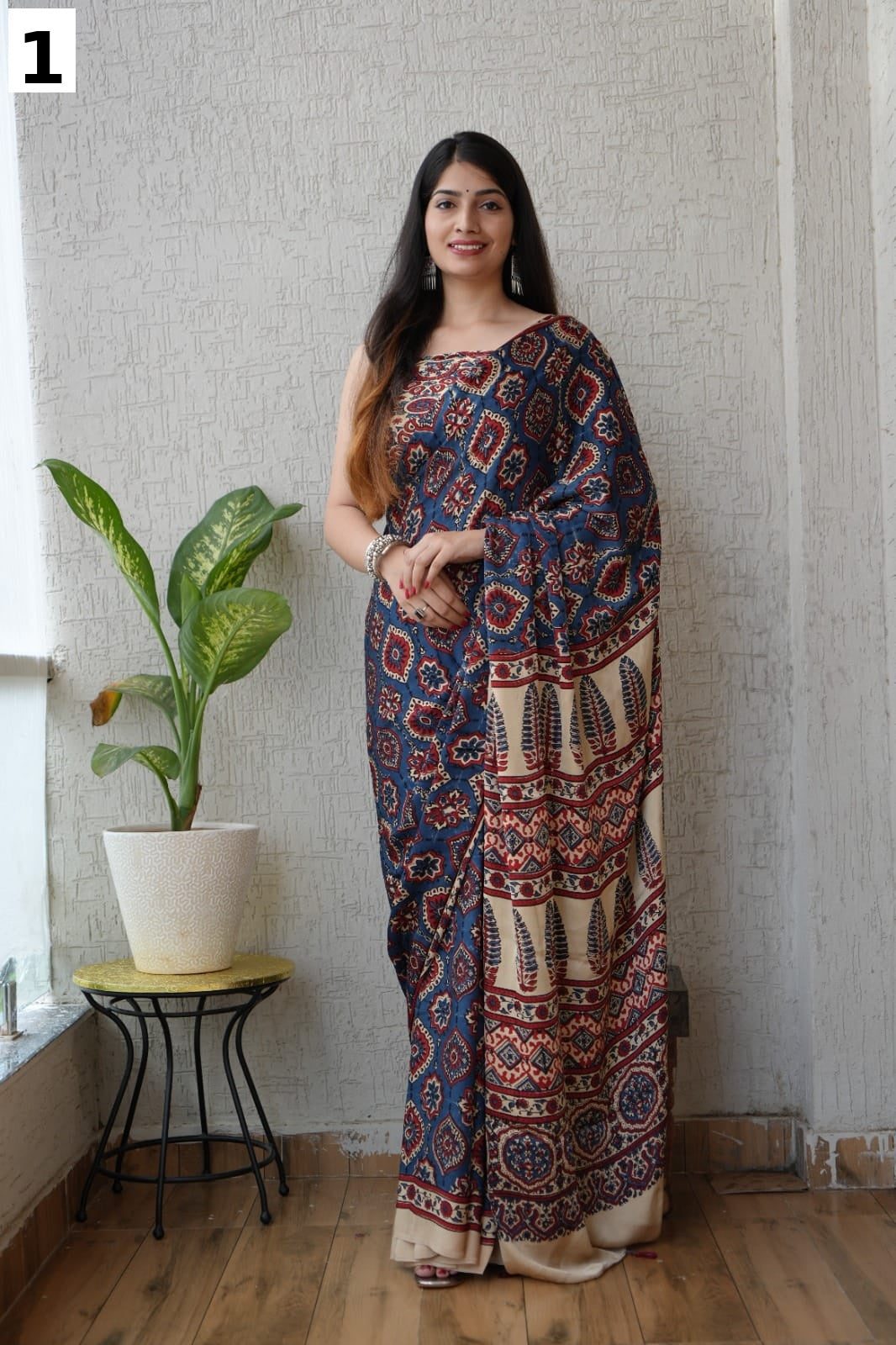 Pure Multi color pure modal silk saree with ajrakh block printed work