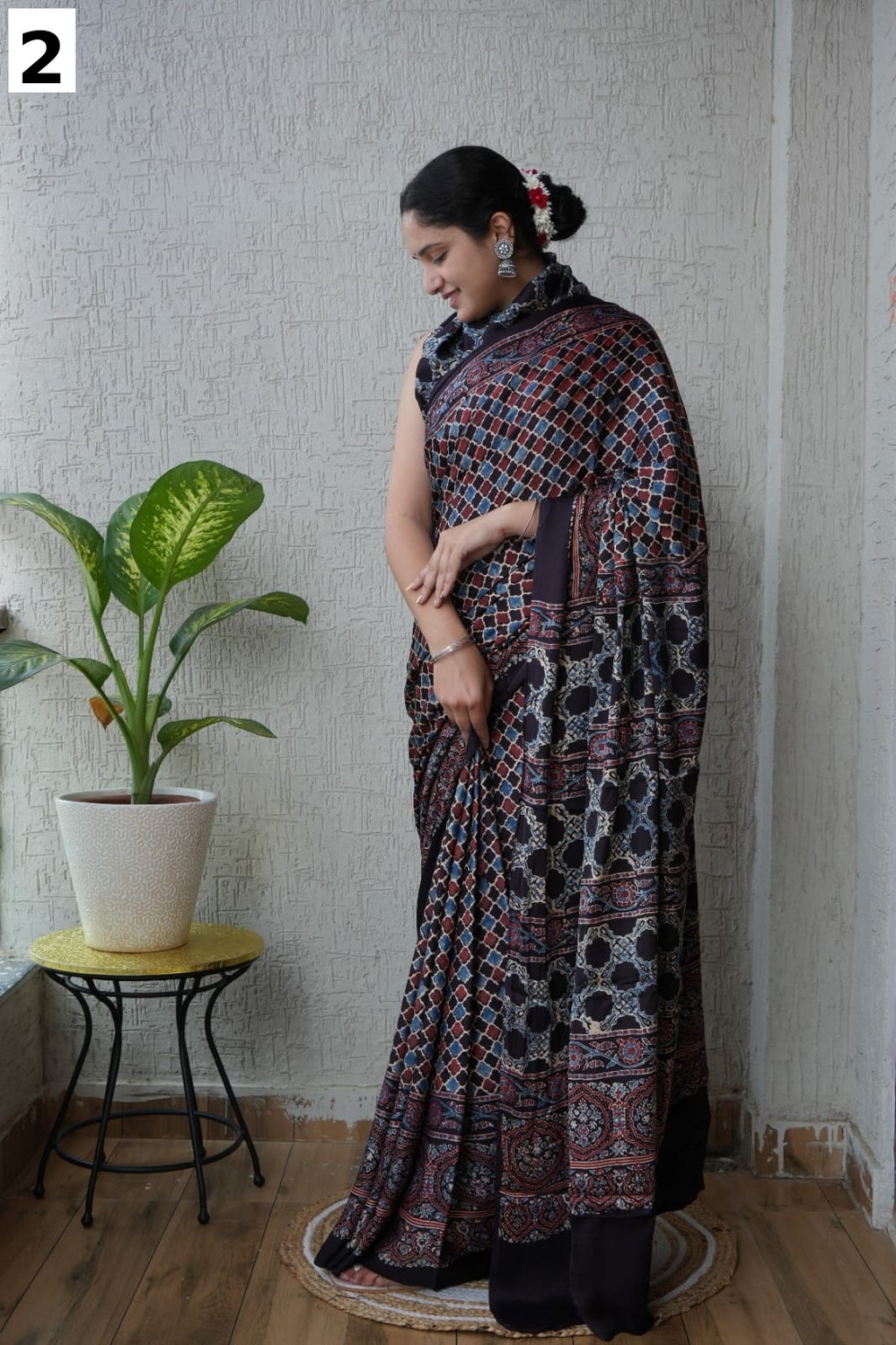 Pure Multi color pure modal silk saree with ajrakh block printed work