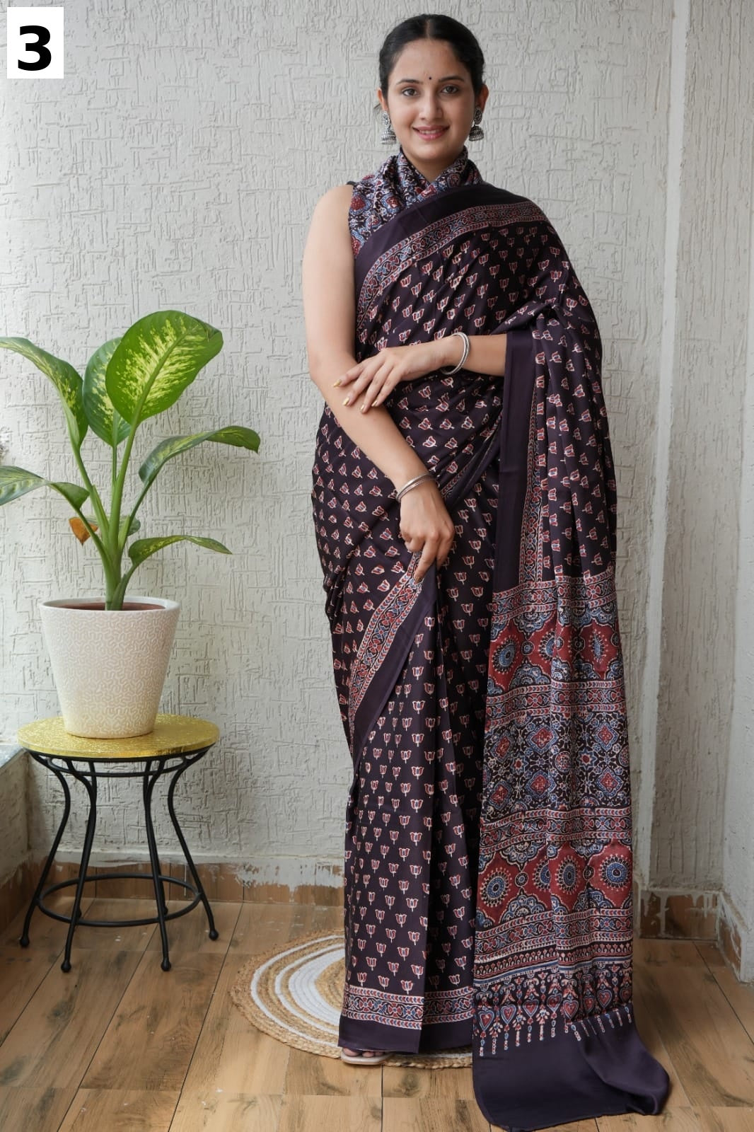 Pure Multi color pure modal silk saree with ajrakh block printed work