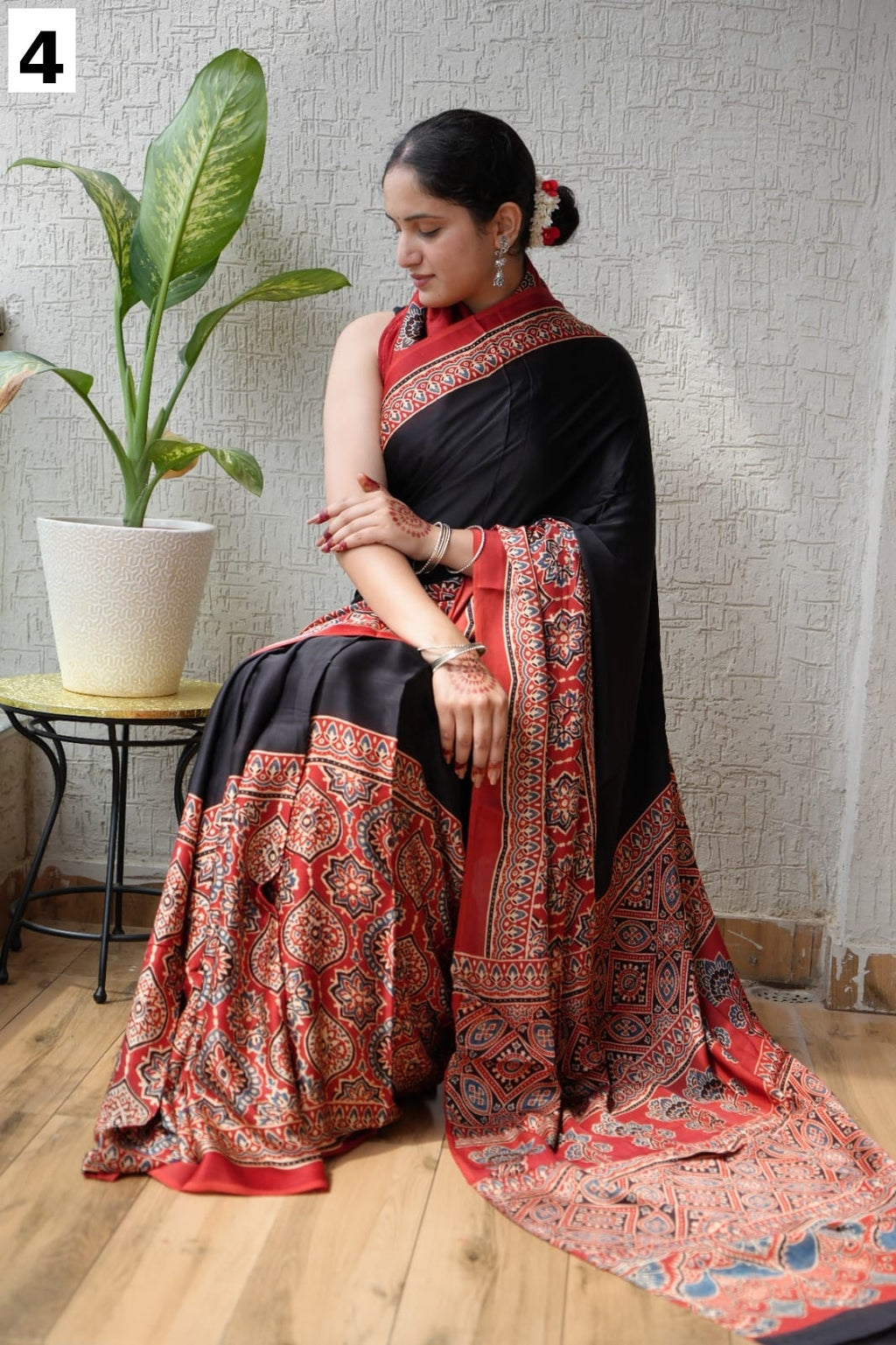 Pure Multi color pure modal silk saree with ajrakh block printed work