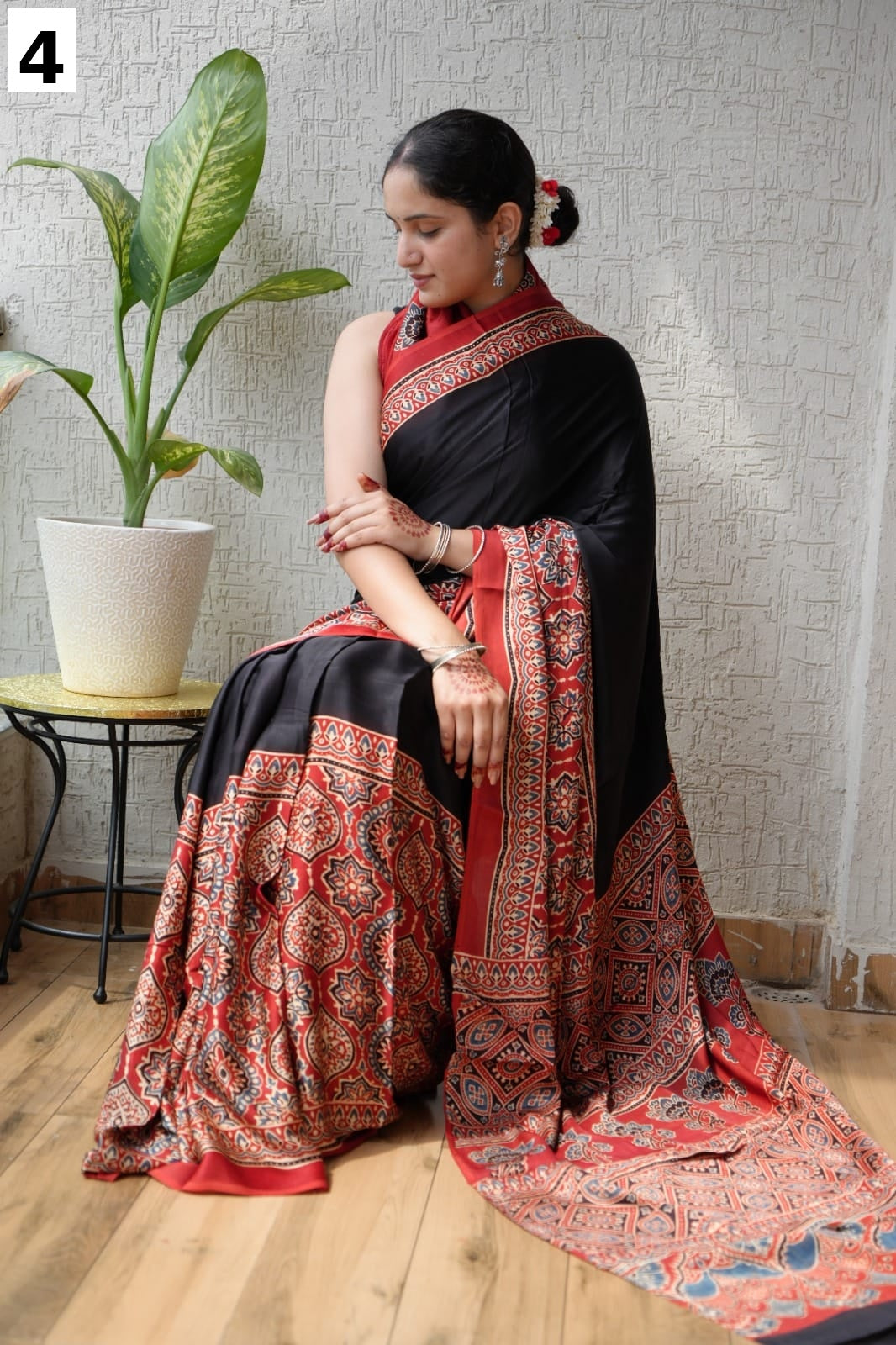 Pure Multi color pure modal silk saree with ajrakh block printed work