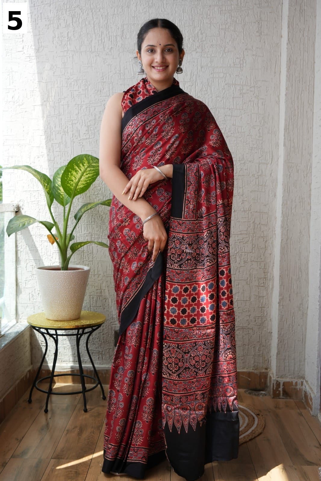 Pure Multi color pure modal silk saree with ajrakh block printed work