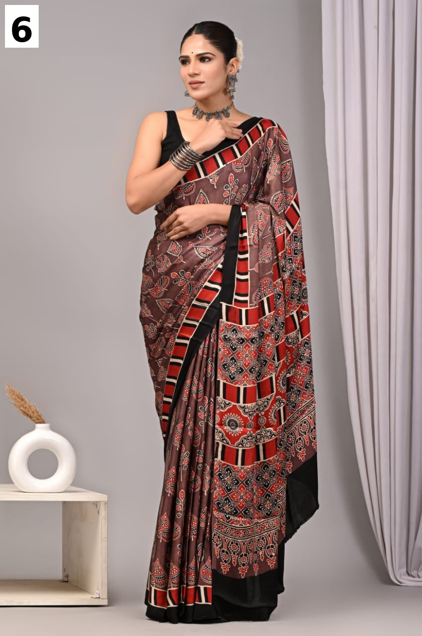 Pure Multi color pure modal silk saree with ajrakh block printed work