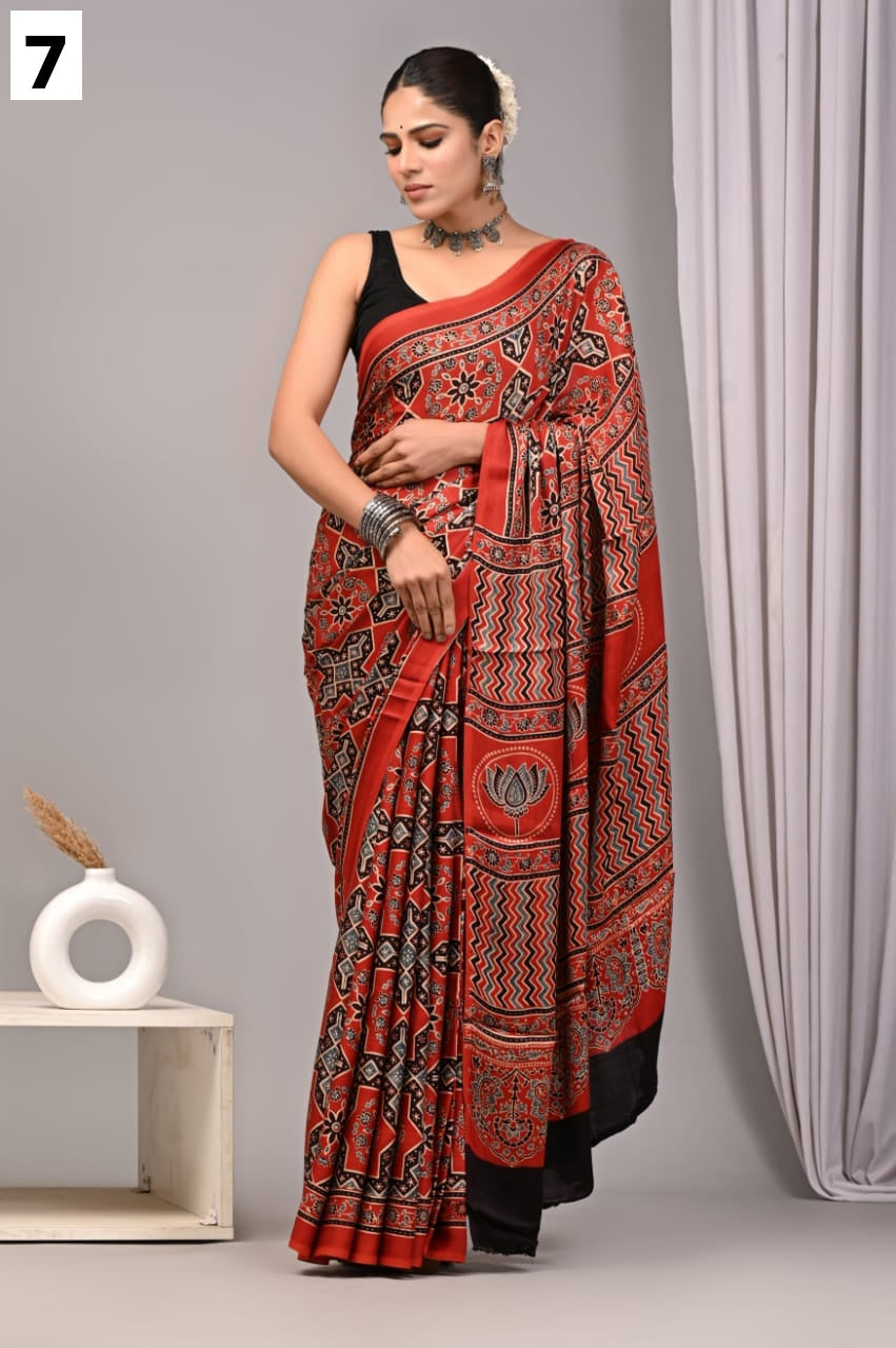 Pure Multi color pure modal silk saree with ajrakh block printed work