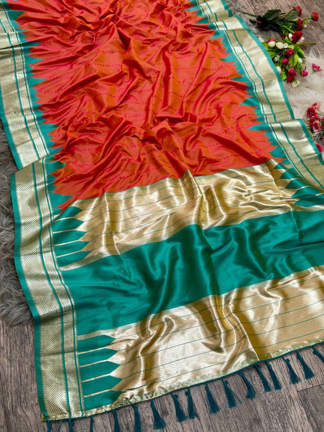 Ikkat temple border banarasi silk saree with zari weaving work