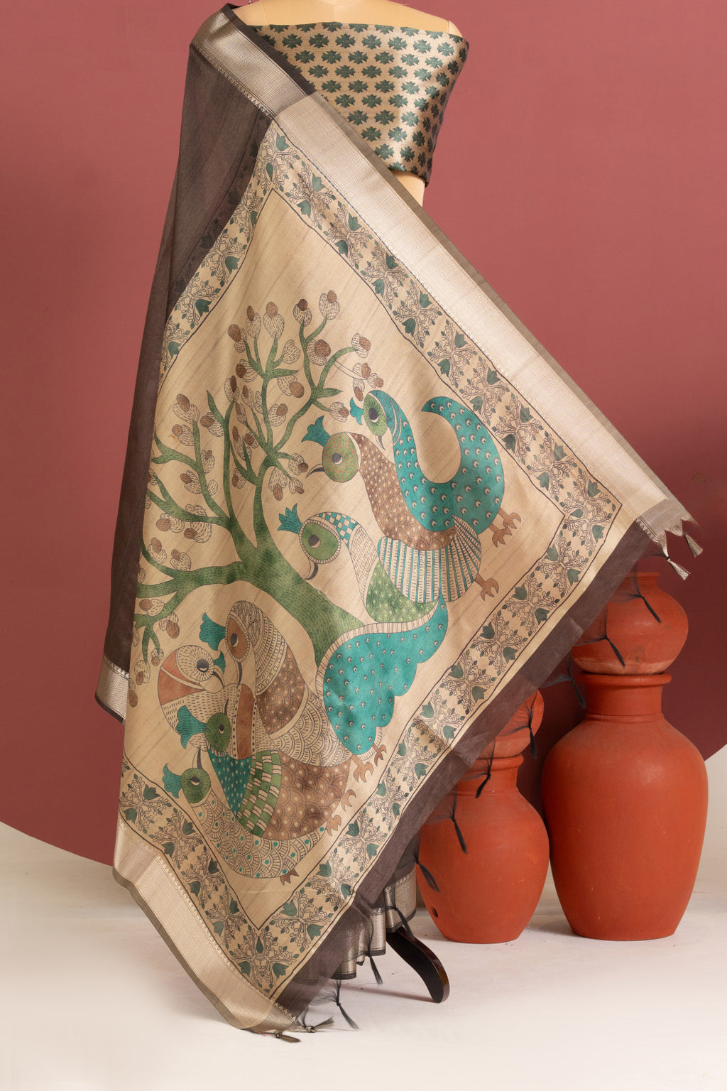 Khadi raw silk saree with kalamkari printed work